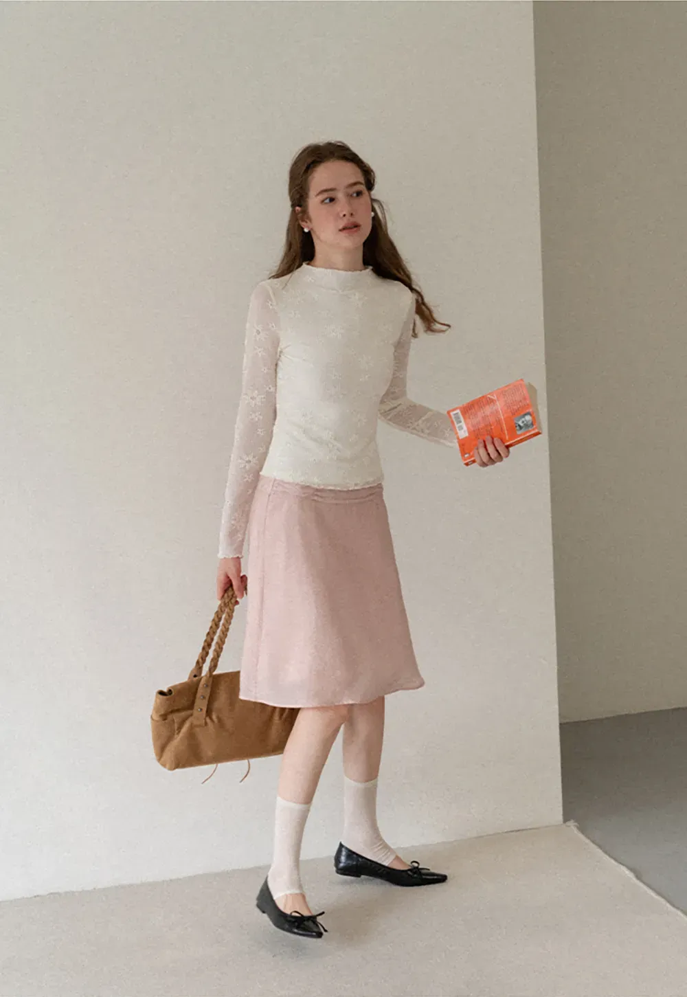 Ribbed Knit Mock Neck Long Sleeve Lace Panel Top
