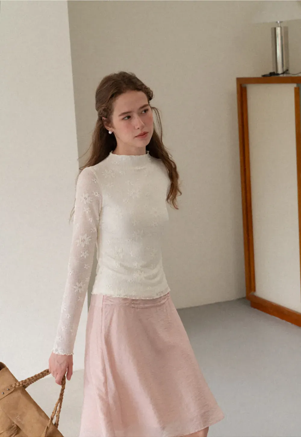 Ribbed Knit Mock Neck Long Sleeve Lace Panel Top