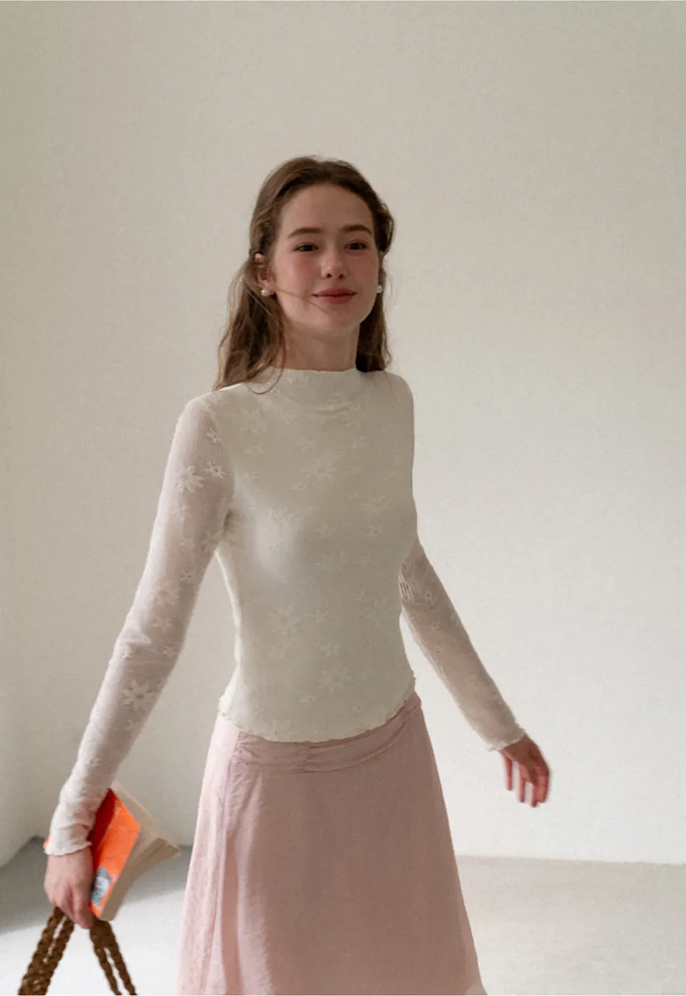 Ribbed Knit Mock Neck Long Sleeve Lace Panel Top