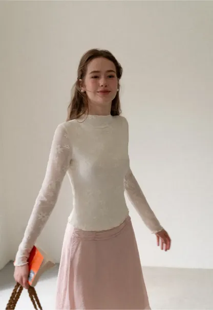 Ribbed Knit Mock Neck Long Sleeve Lace Panel Top