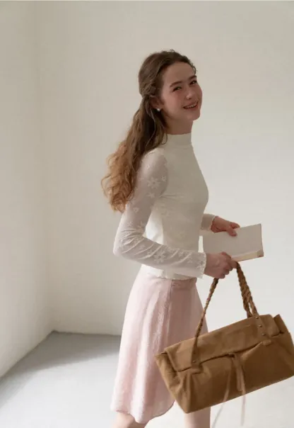 Ribbed Knit Mock Neck Long Sleeve Lace Panel Top