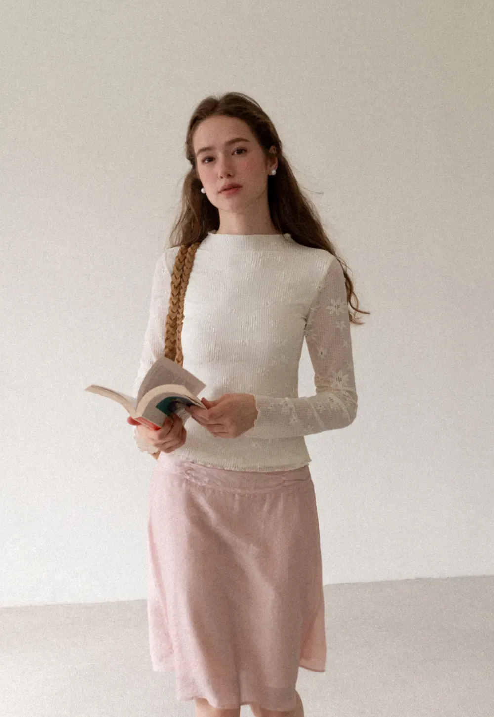 Ribbed Knit Mock Neck Long Sleeve Lace Panel Top