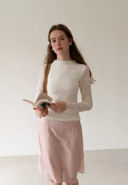 Ribbed Knit Mock Neck Long Sleeve Lace Panel Top