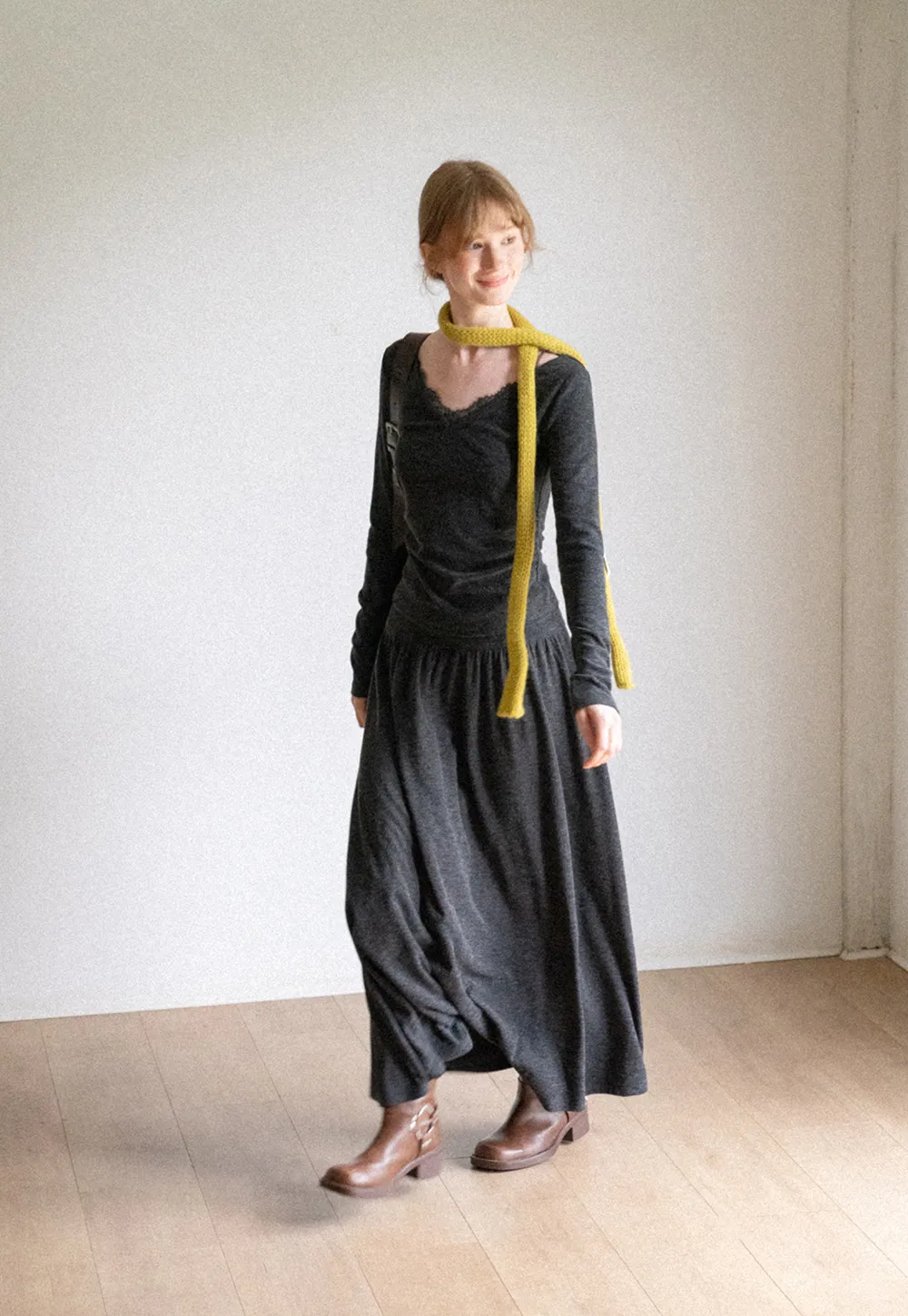 Lace Trim V Neck Long Sleeve Top and Flowing Maxi Skirt