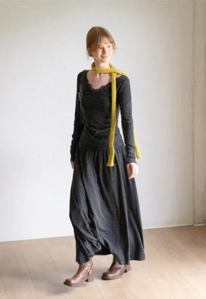Lace Trim V Neck Long Sleeve Top and Flowing Maxi Skirt