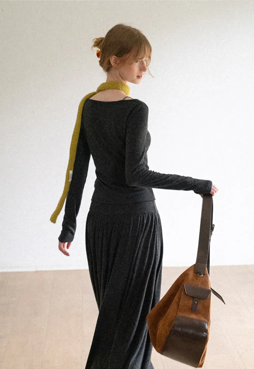 Lace Trim V Neck Long Sleeve Top and Flowing Maxi Skirt