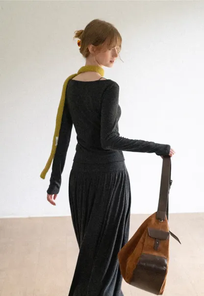 Lace Trim V Neck Long Sleeve Top and Flowing Maxi Skirt
