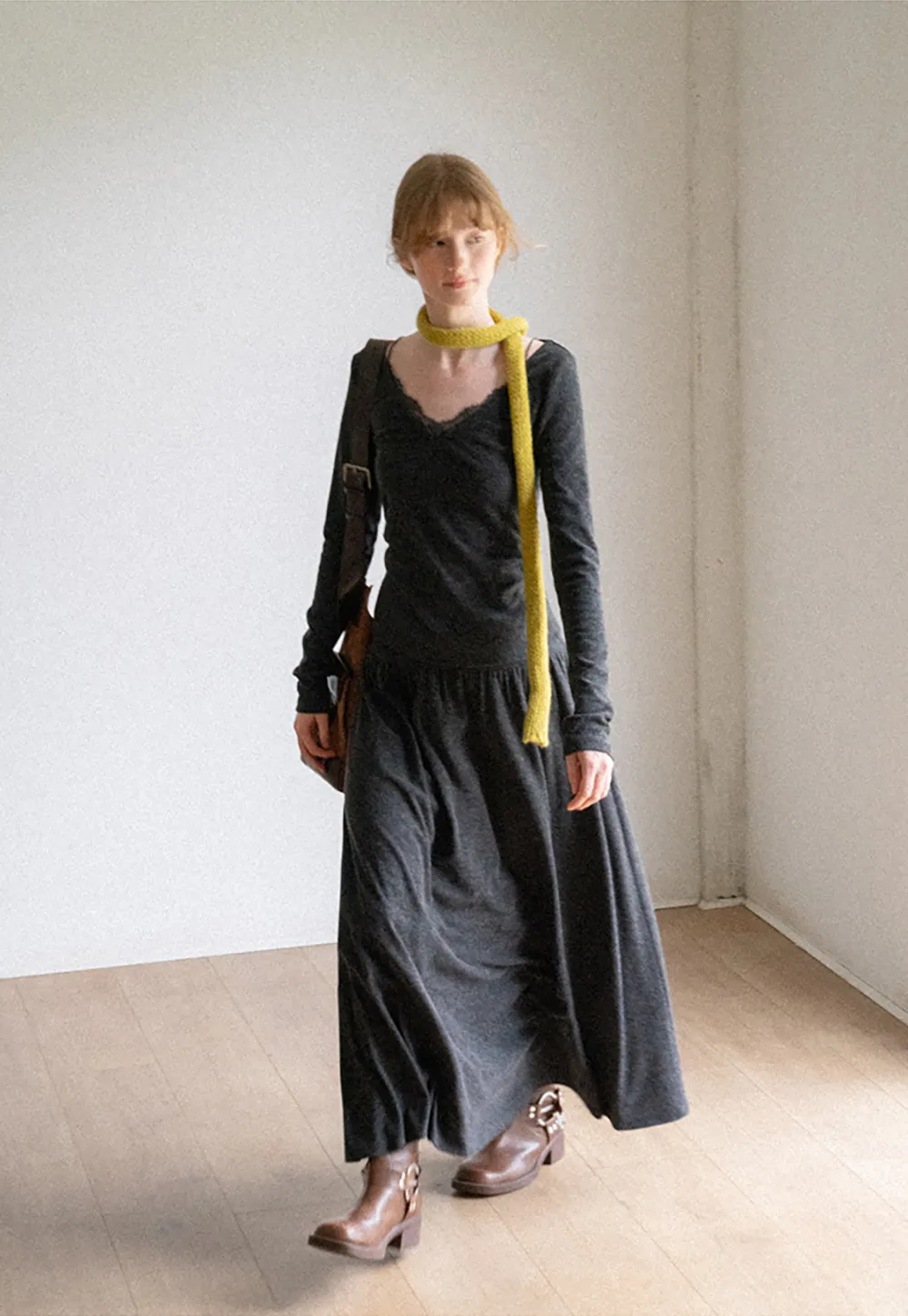 Lace Trim V Neck Long Sleeve Top and Flowing Maxi Skirt