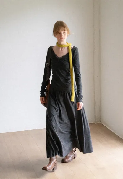 Lace Trim V Neck Long Sleeve Top and Flowing Maxi Skirt