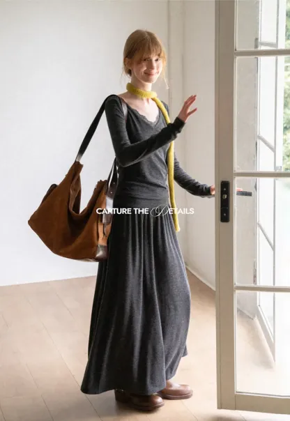 Lace Trim V Neck Long Sleeve Top and Flowing Maxi Skirt