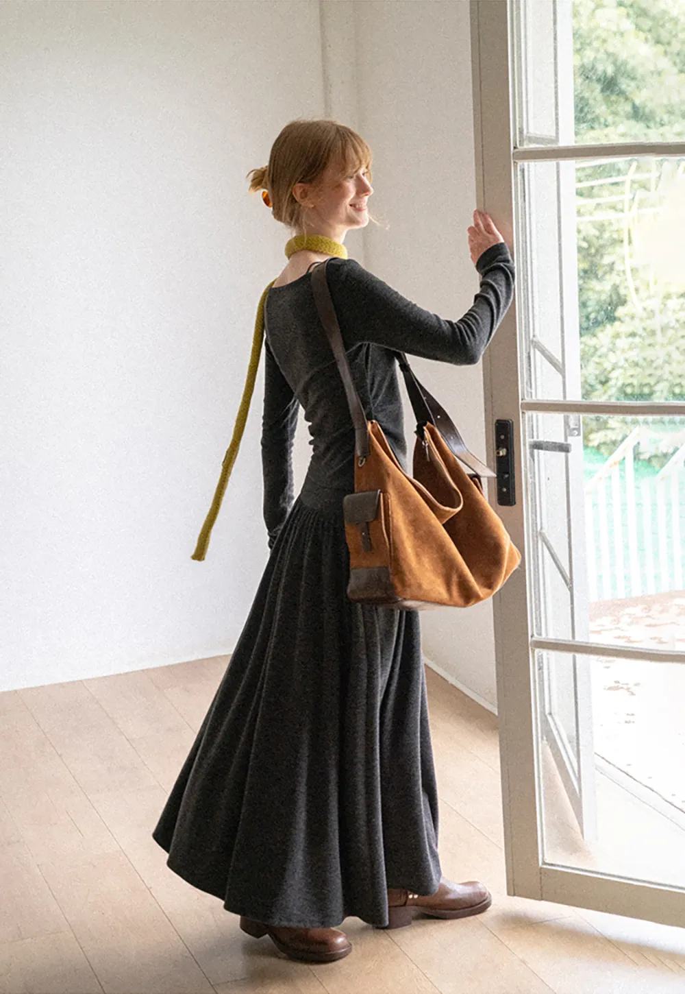 Lace Trim V Neck Long Sleeve Top and Flowing Maxi Skirt