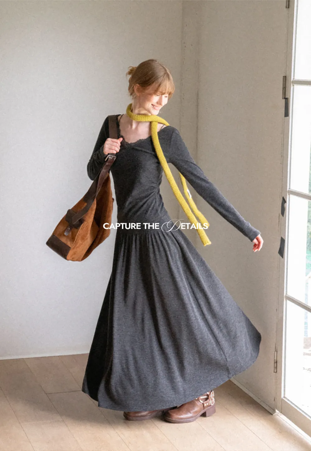 Lace Trim V Neck Long Sleeve Top and Flowing Maxi Skirt