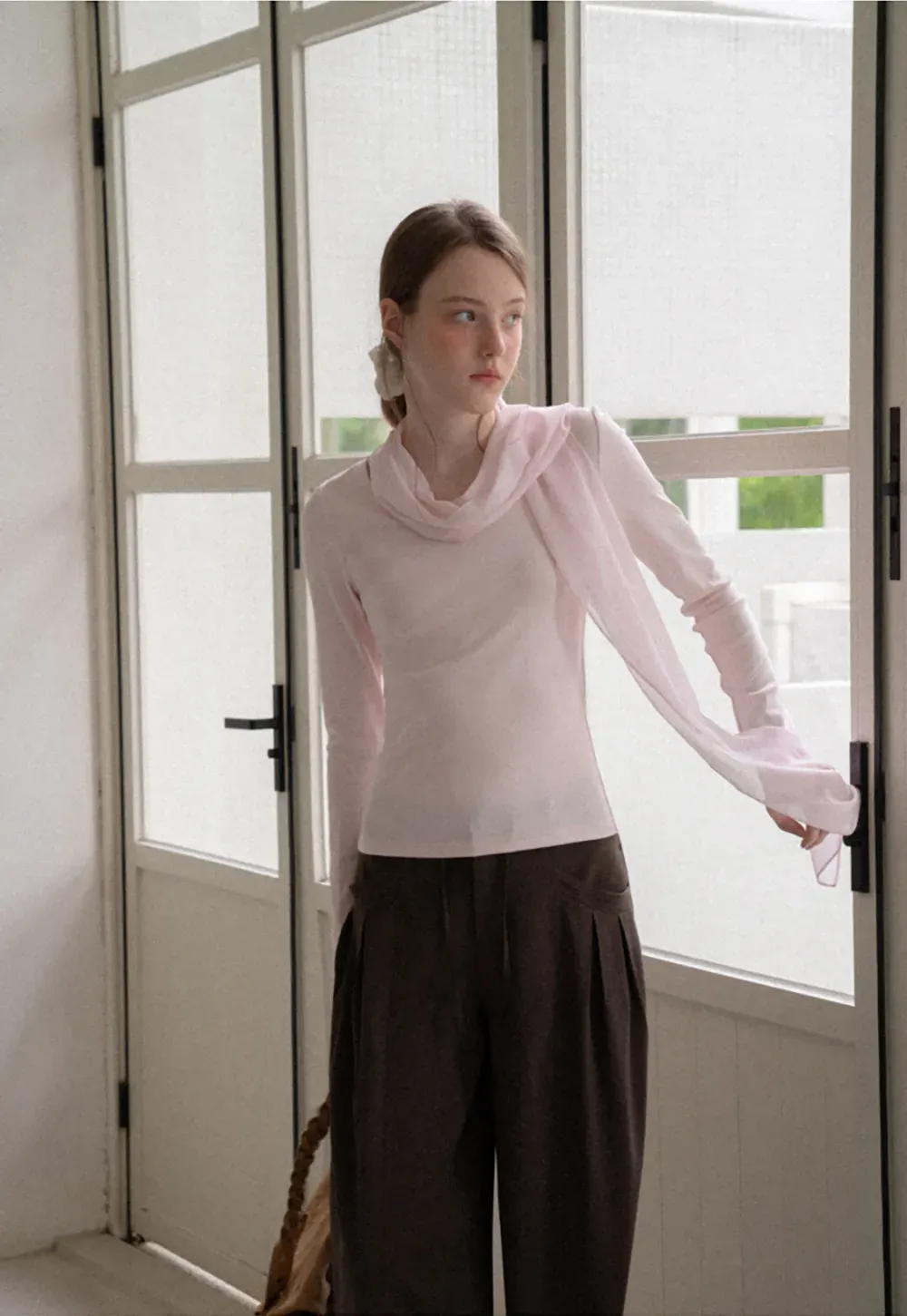 Asymmetrical Draped Cowl Neck Long Sleeve Top
