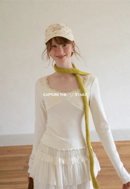 Lace Trim Square Neck Long Sleeve Top