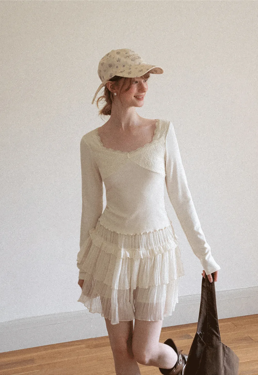 Lace Trim Square Neck Long Sleeve Top