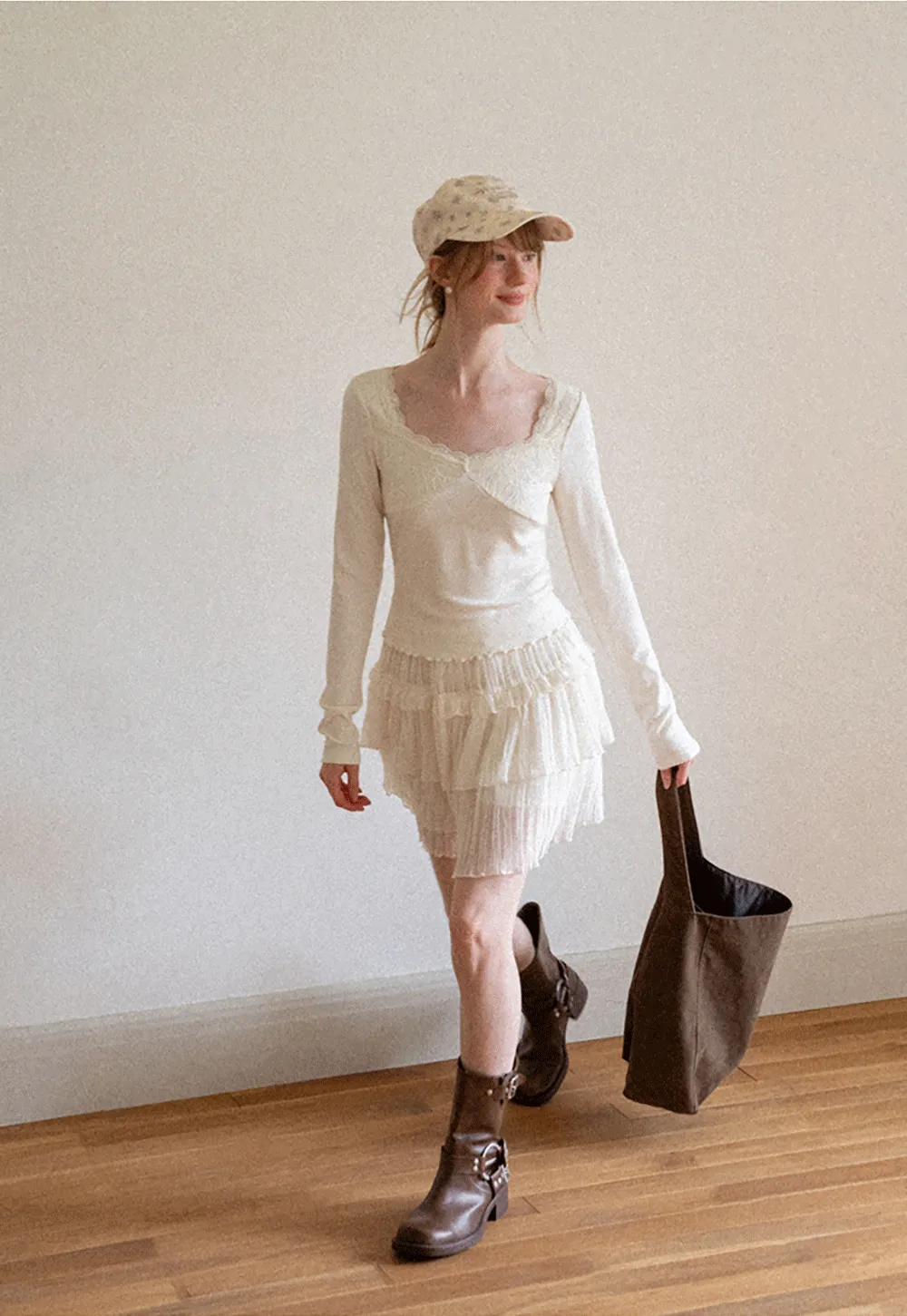 Lace Trim Square Neck Long Sleeve Top