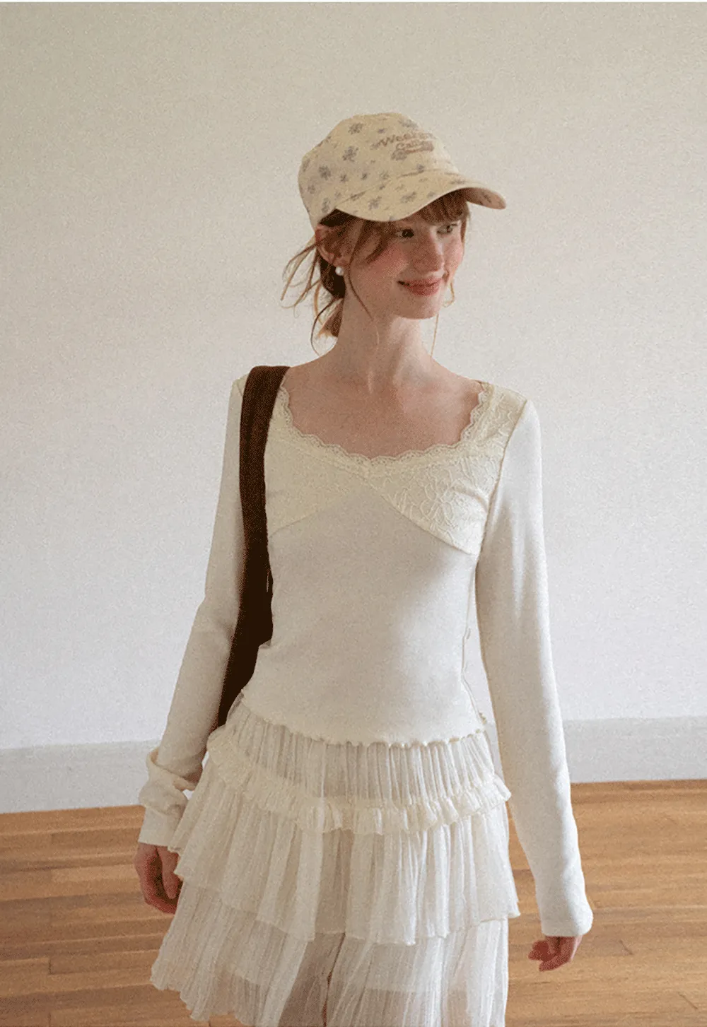 Lace Trim Square Neck Long Sleeve Top