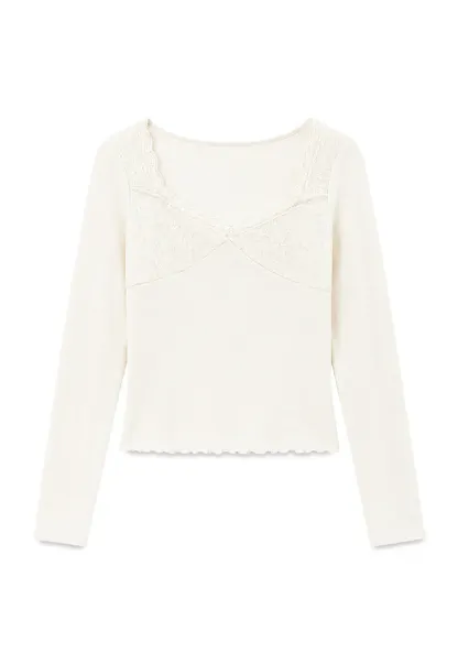 Lace Trim Square Neck Long Sleeve Top