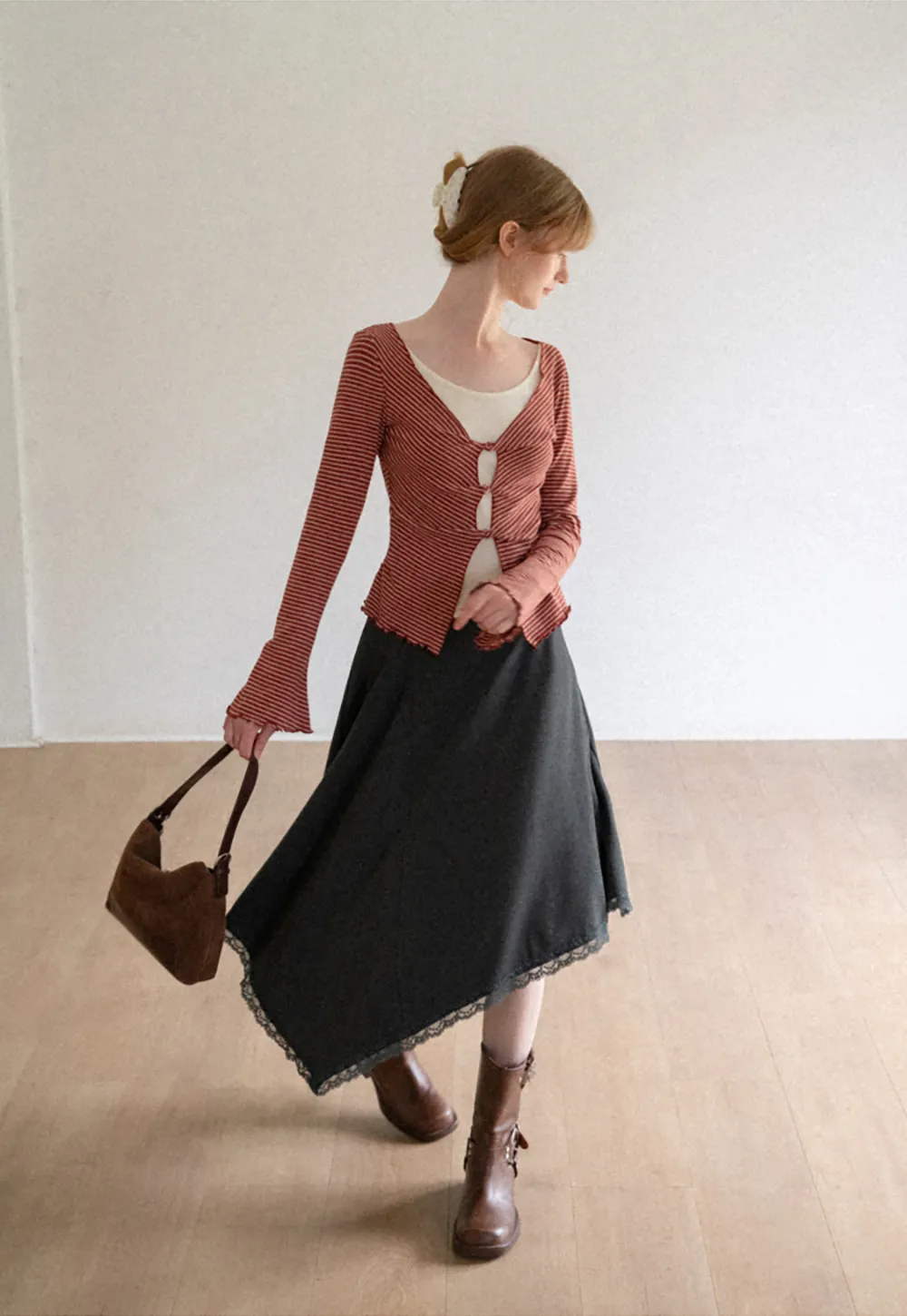 Scalloped Hem Layered Knit Top with Cutout Detail