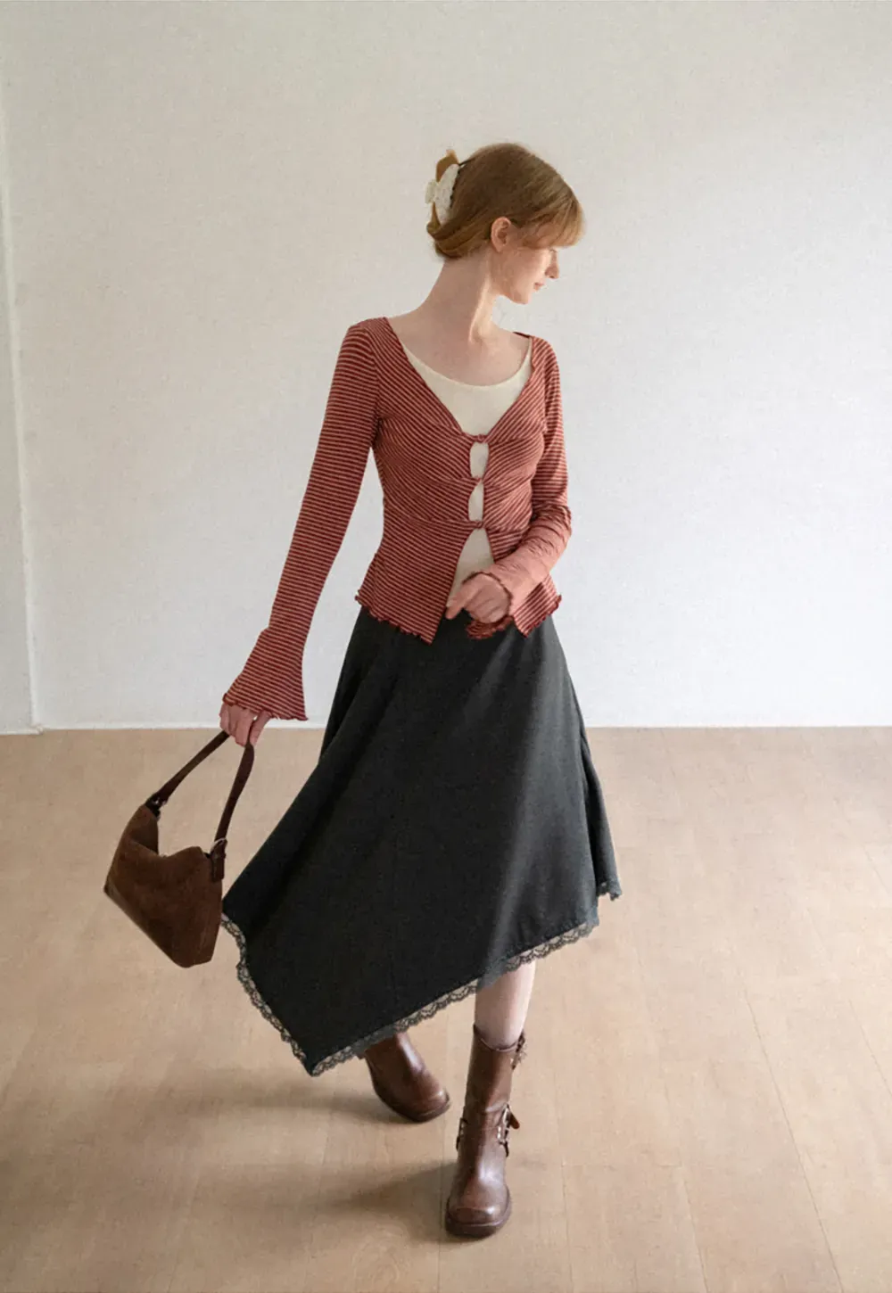 Scalloped Hem Layered Knit Top with Cutout Detail
