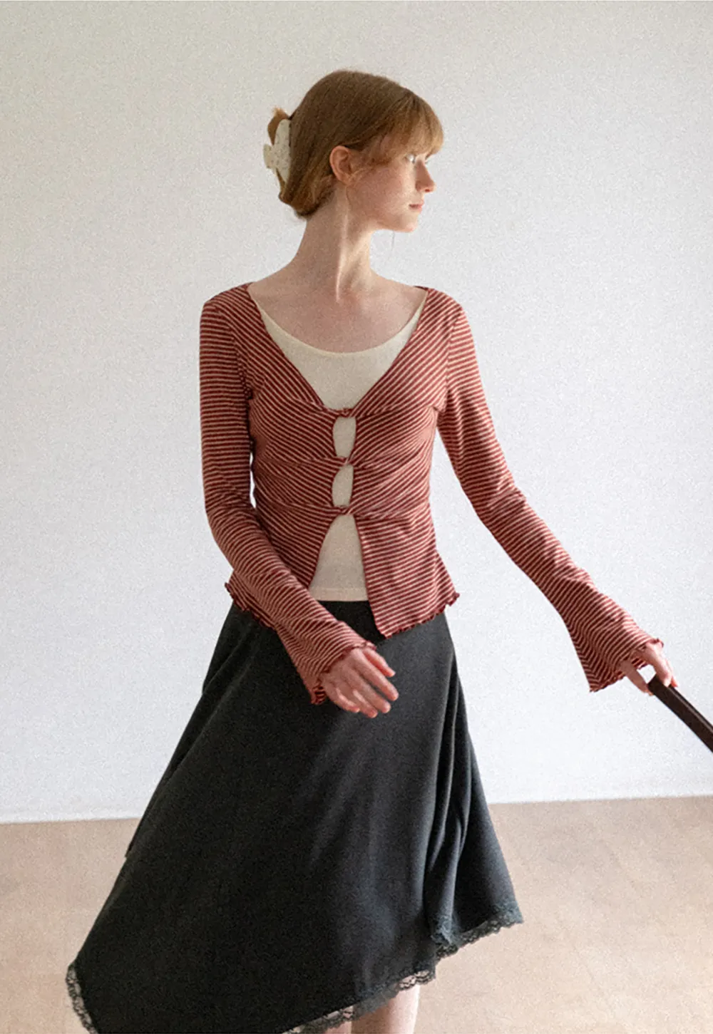 Scalloped Hem Layered Knit Top with Cutout Detail