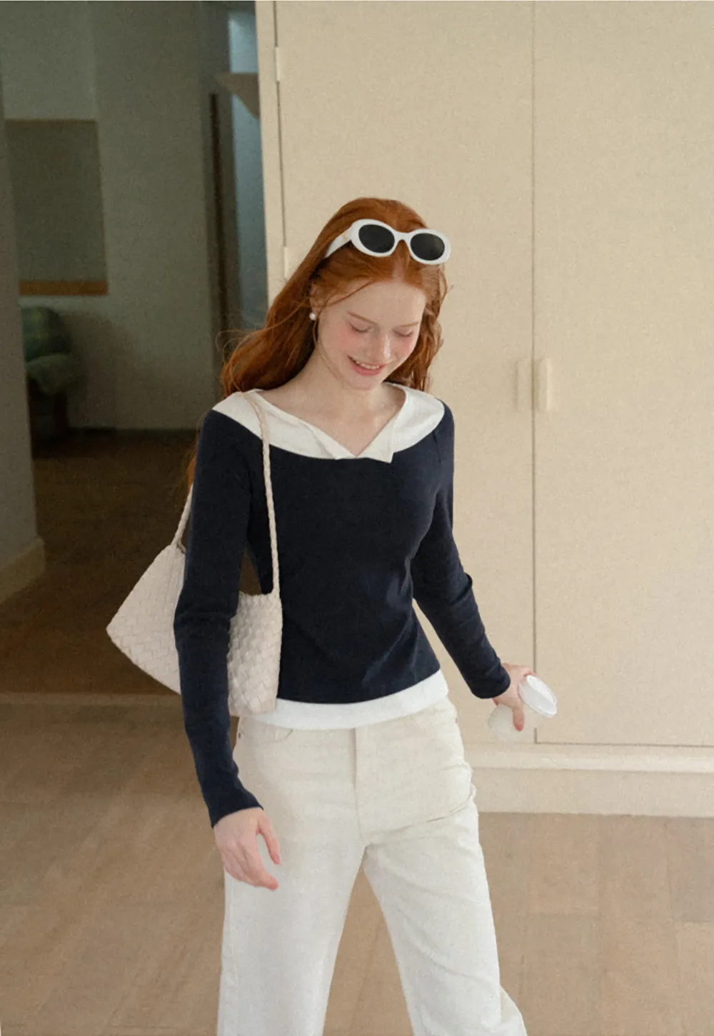 Contrast Trim Off Shoulder Long Sleeve Top