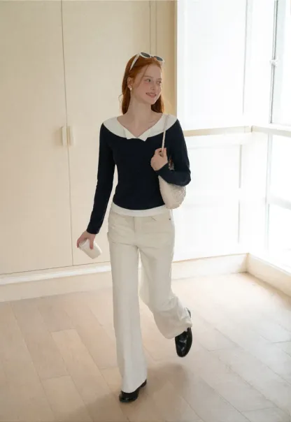 Contrast Trim Off Shoulder Long Sleeve Top