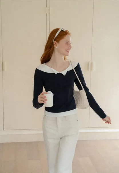 Contrast Trim Off Shoulder Long Sleeve Top