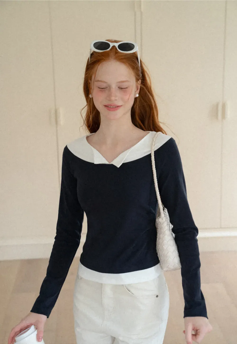 Contrast Trim Off Shoulder Long Sleeve Top