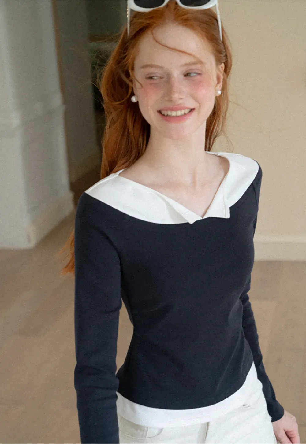 Contrast Trim Off Shoulder Long Sleeve Top