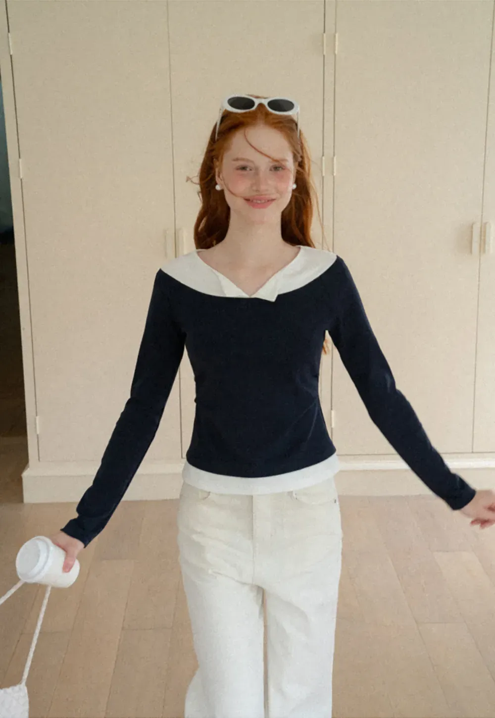 Contrast Trim Off Shoulder Long Sleeve Top
