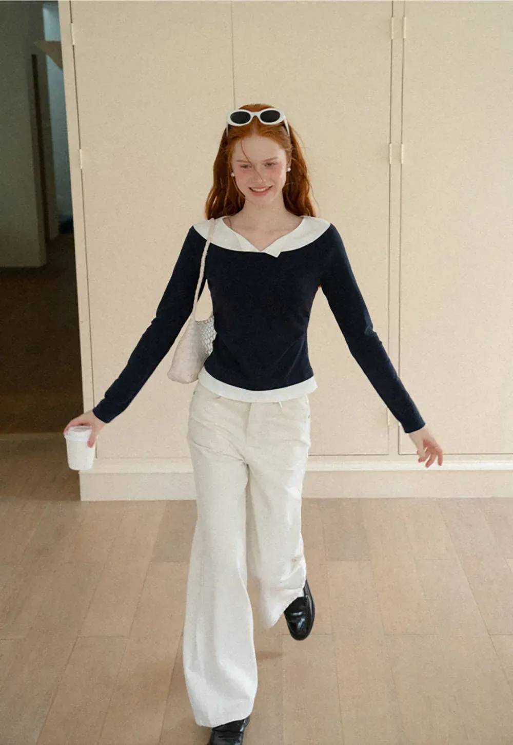 Contrast Trim Off Shoulder Long Sleeve Top