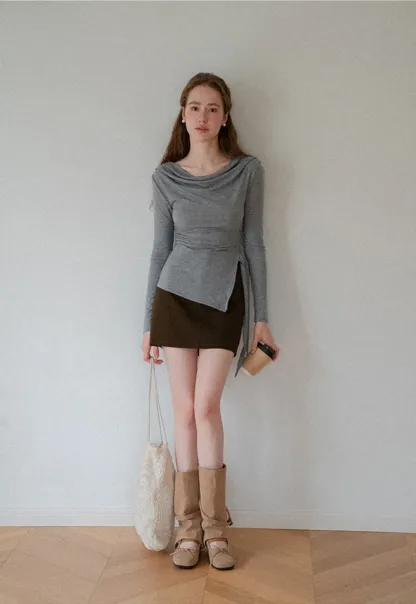Asymmetrical Wrap Front Long Sleeve Top