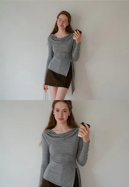 Asymmetrical Wrap Front Long Sleeve Top