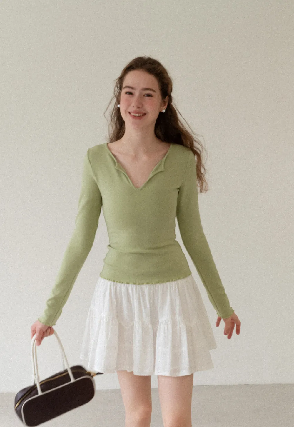 V Neck Long Sleeve Ribbed Knit Top