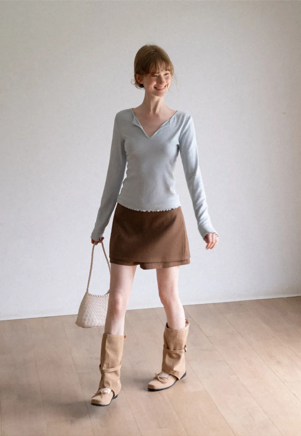 V Neck Long Sleeve Ribbed Knit Top
