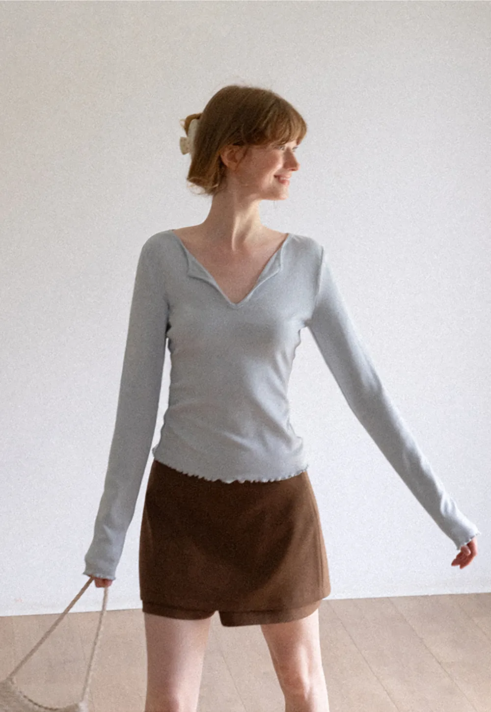 V Neck Long Sleeve Ribbed Knit Top