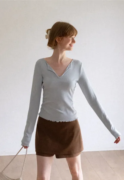 V Neck Long Sleeve Ribbed Knit Top