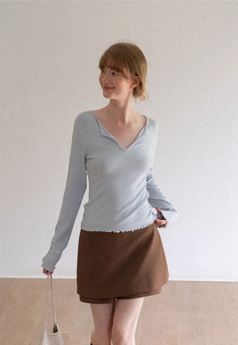 V Neck Long Sleeve Ribbed Knit Top