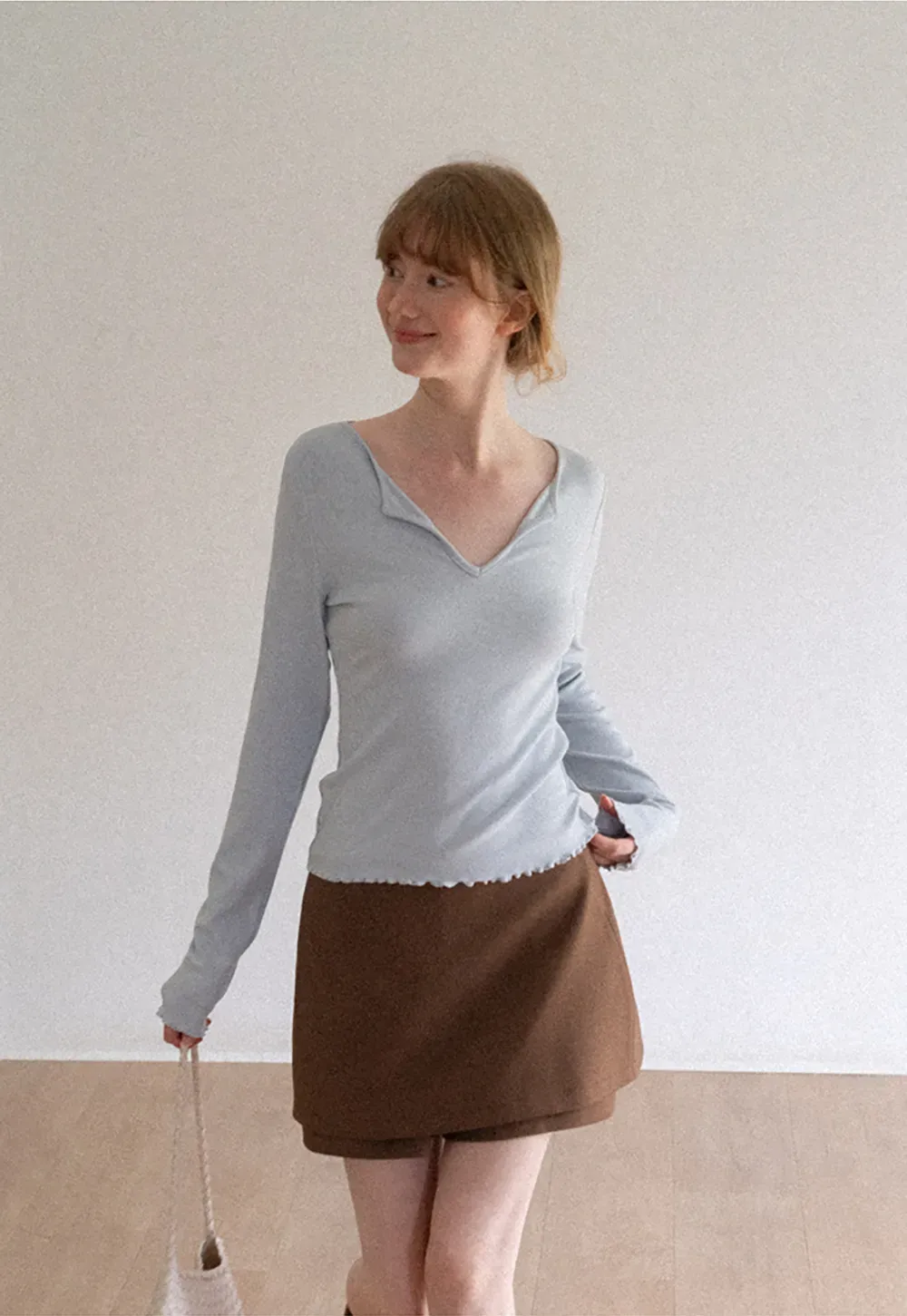 V Neck Long Sleeve Ribbed Knit Top