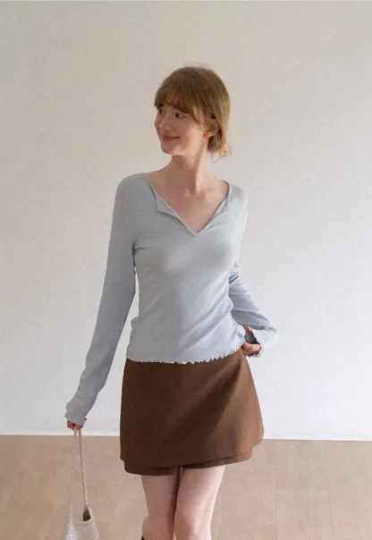V Neck Long Sleeve Ribbed Knit Top