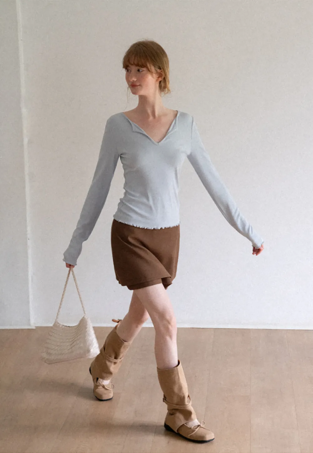 V Neck Long Sleeve Ribbed Knit Top