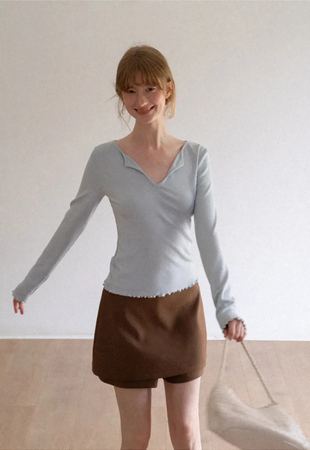 V Neck Long Sleeve Ribbed Knit Top