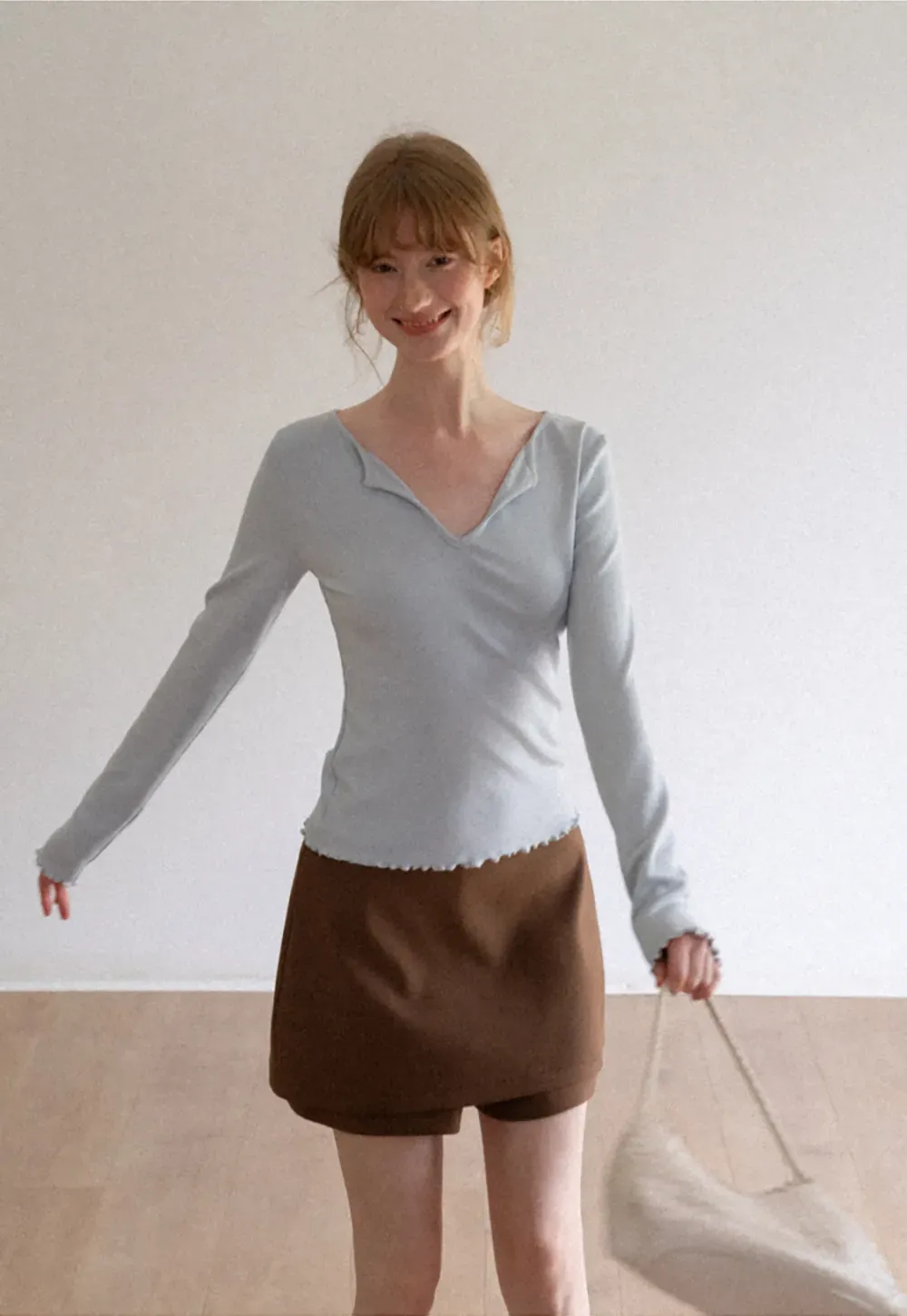 V Neck Long Sleeve Ribbed Knit Top