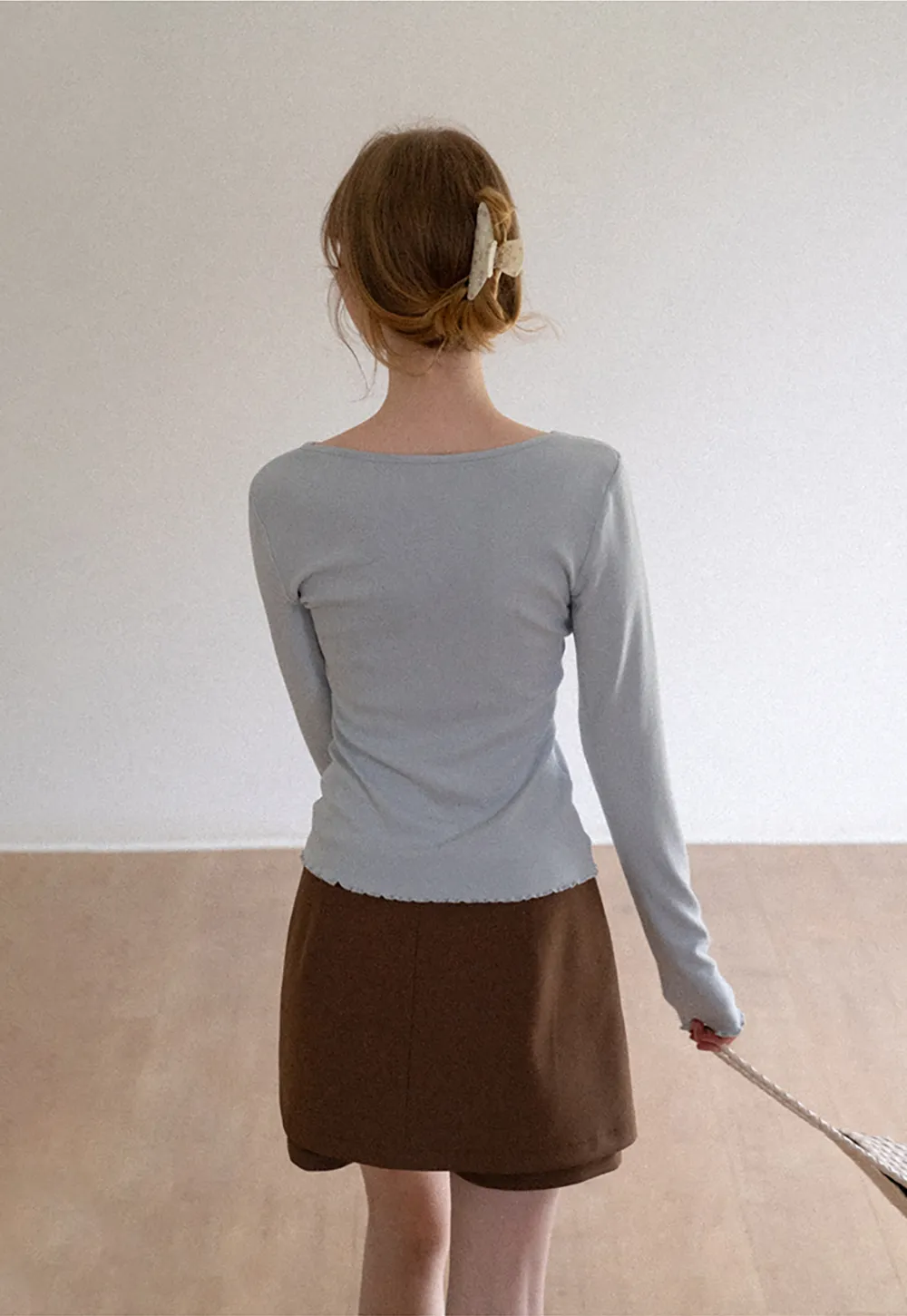 V Neck Long Sleeve Ribbed Knit Top