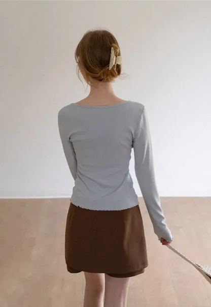 V Neck Long Sleeve Ribbed Knit Top