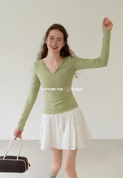 V Neck Long Sleeve Ribbed Knit Top