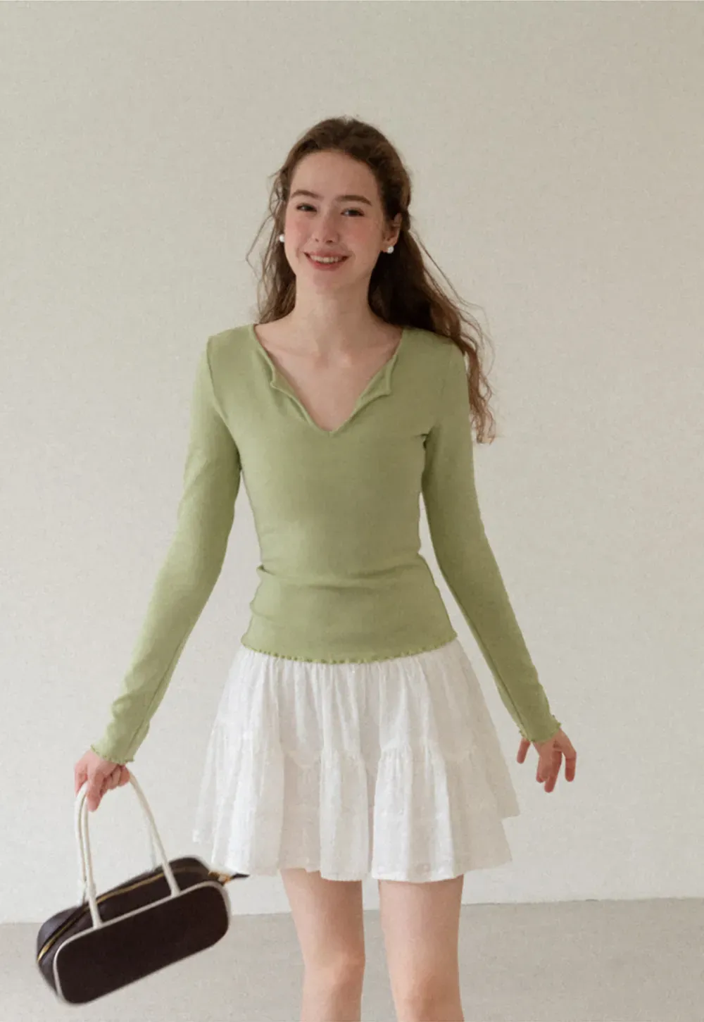 V Neck Long Sleeve Ribbed Knit Top