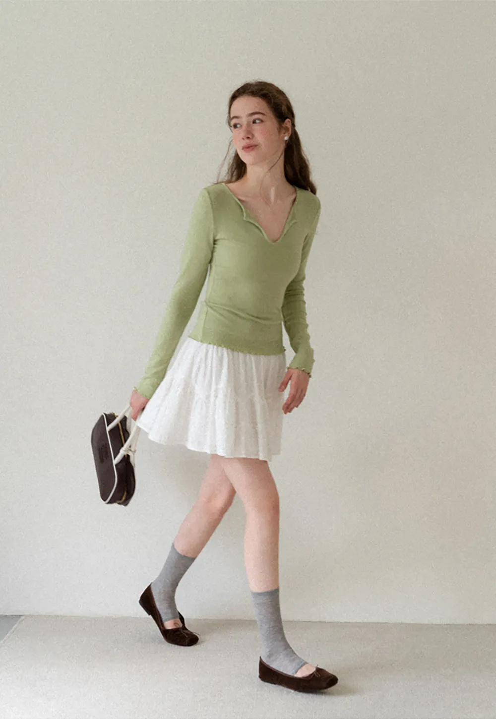 V Neck Long Sleeve Ribbed Knit Top