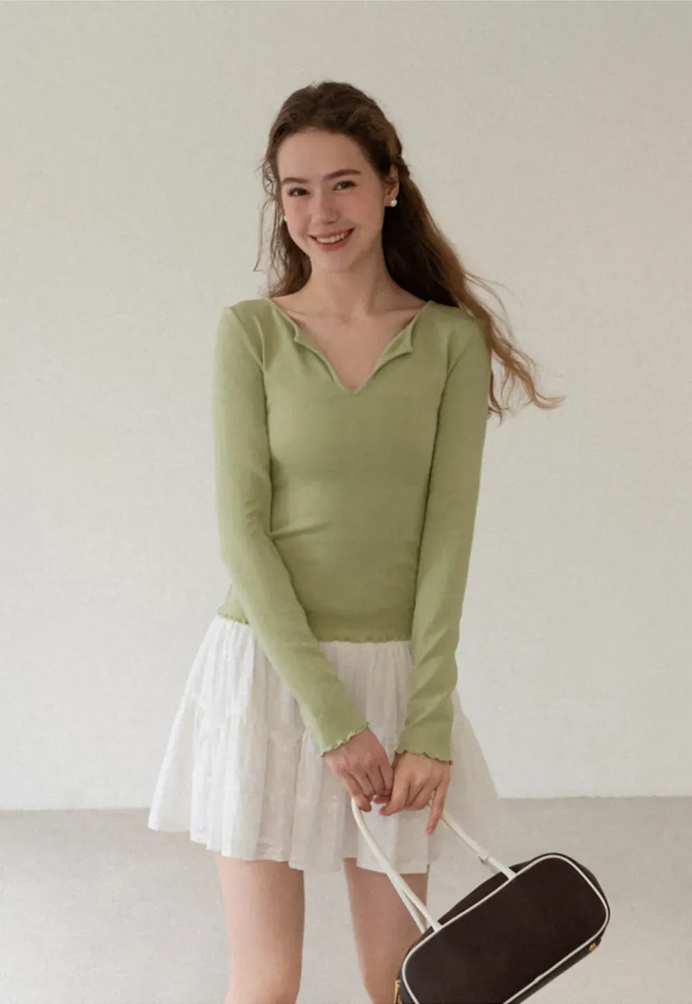 V Neck Long Sleeve Ribbed Knit Top
